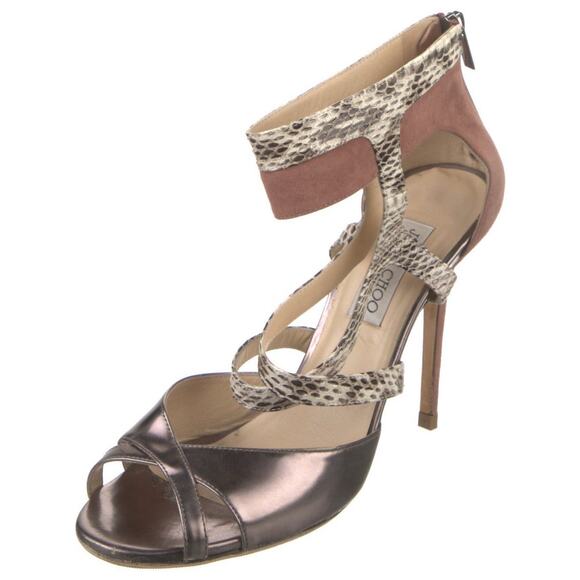 Jimmy Choo Rare Pewter Suede Leopard Strappy Stiletto Sandal EU 40 .5 EUC - Picture 1 of 7